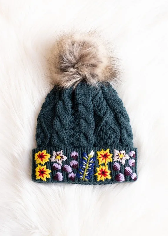 Embroidered Cable Knit Pom Hat