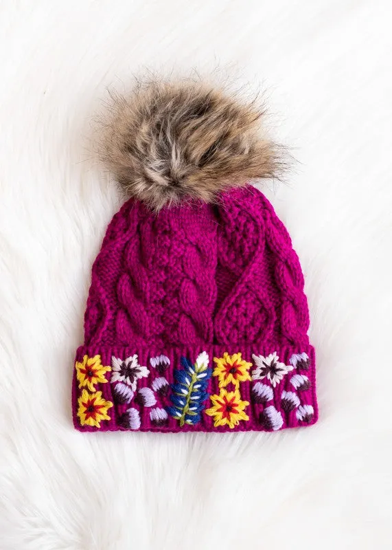 Embroidered Cable Knit Pom Hat