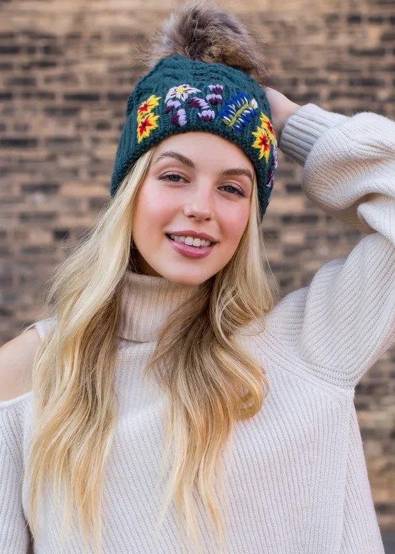 Embroidered Cable Knit Pom Hat