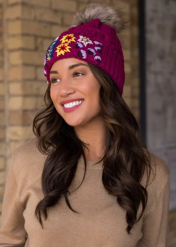 Embroidered Cable Knit Pom Hat