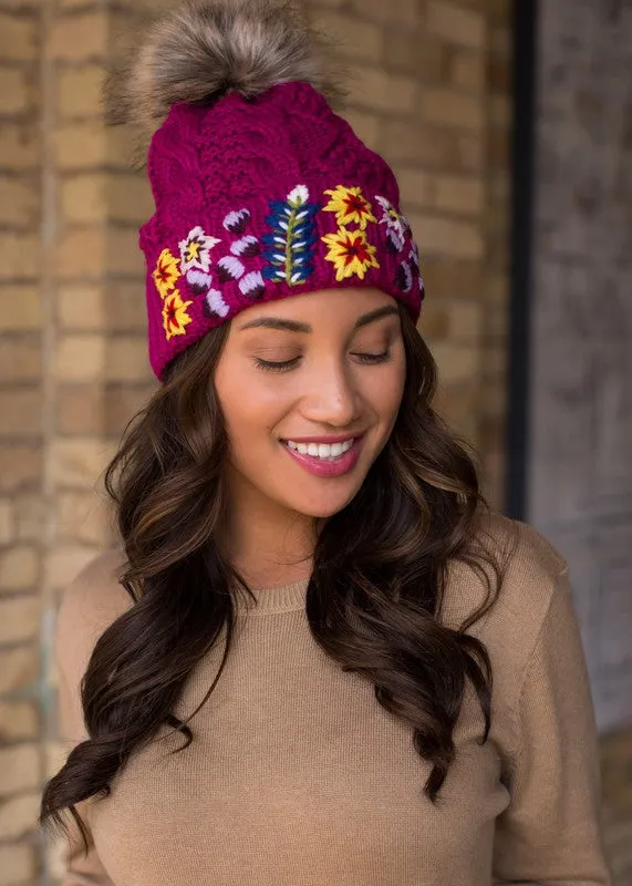 Embroidered Cable Knit Pom Hat