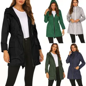 Fashion Women Rain Jacket Solid Color Long Sleeve Outdoor Waterproof Hooded Raincoat Windproof Plus Size Climbling Sportwear