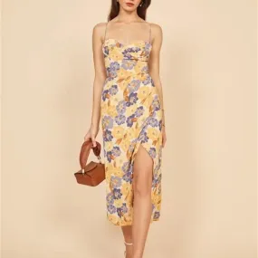 Fauve Floral Satin Cowl Neck Midi Dress - Yellow