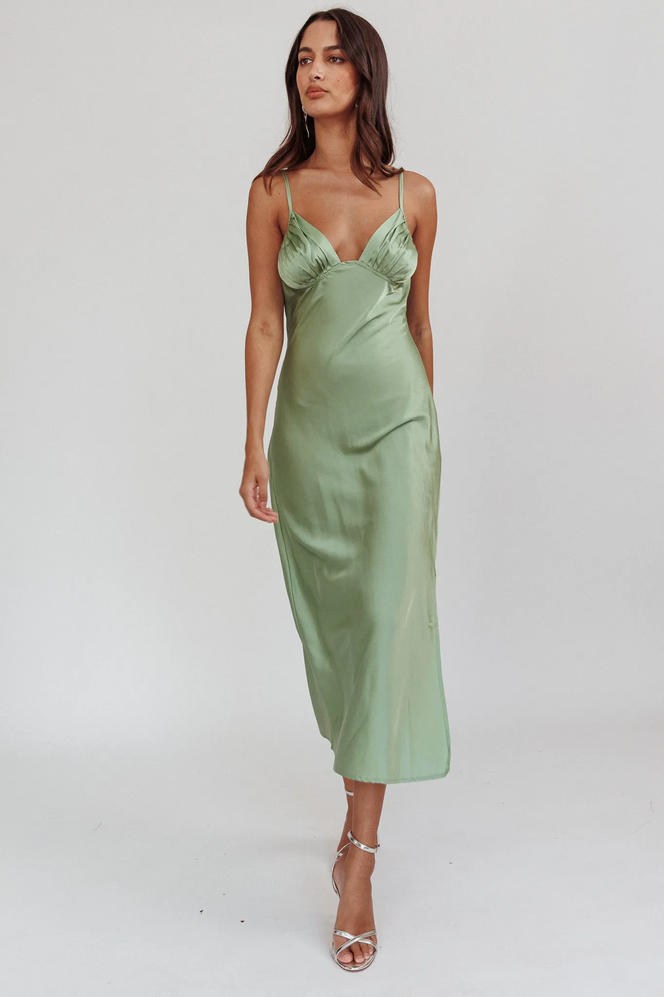 Felicity Pleat Bust Split Midi Dress Sage