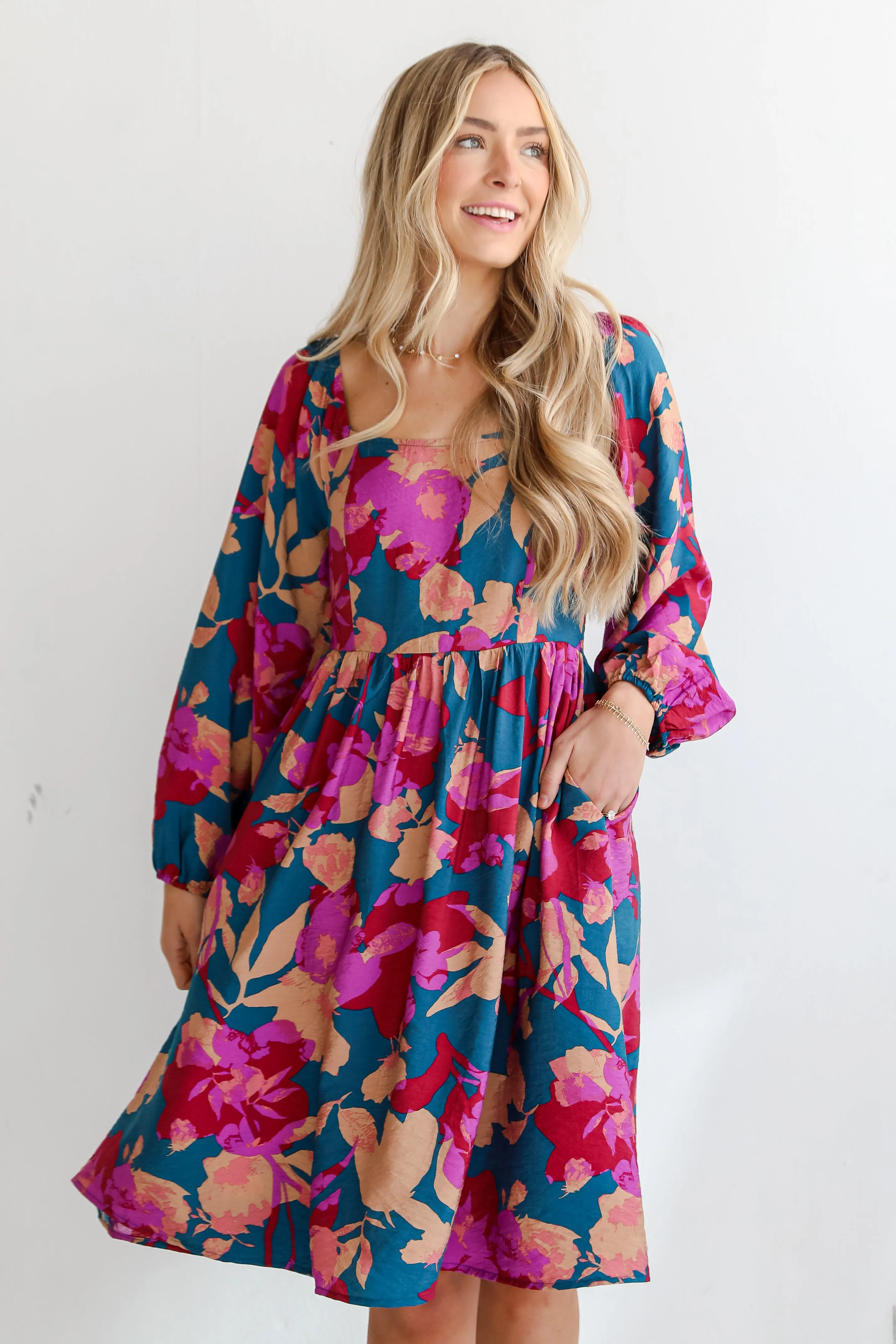 FINAL SALE - Thriving Blossom Teal Floral Midi Dress