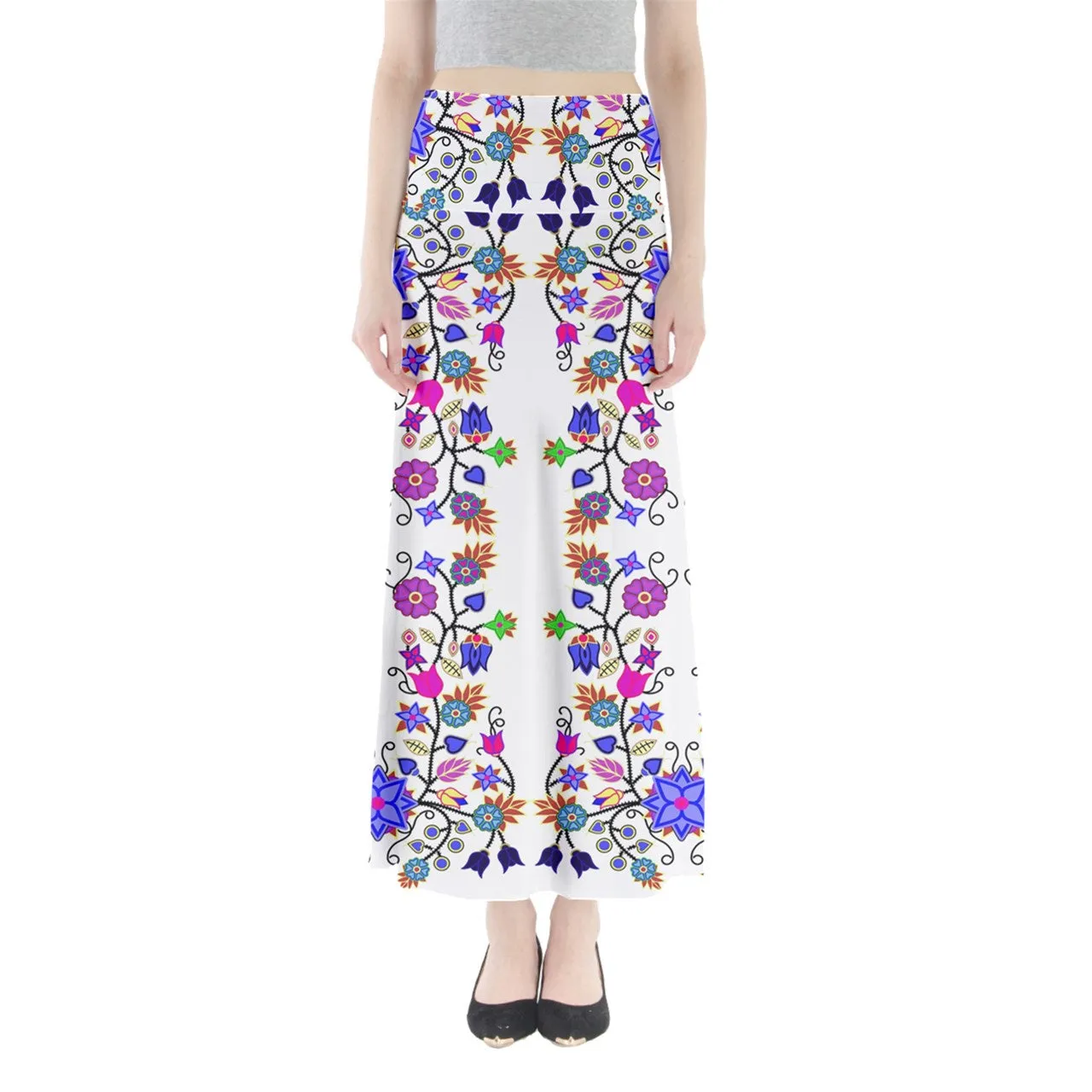 Floral Beadwork Seven Clans White Full Length Maxi Skirt