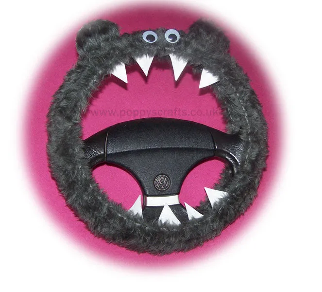 Fluffy Dark Grey Monster Car Steering wheel cover & fuzzy Dark Grey seatbelt pad set