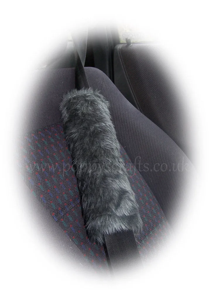 Fluffy Dark Grey Monster Car Steering wheel cover & fuzzy Dark Grey seatbelt pad set