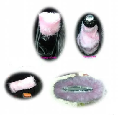 Fluffy faux fur 4 piece car accessories set choice of colour