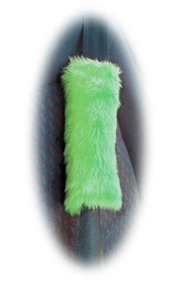 Fluffy Lime Green Monster Car Steering wheel cover & fuzzy faux fur Lime Green seatbelt pad set