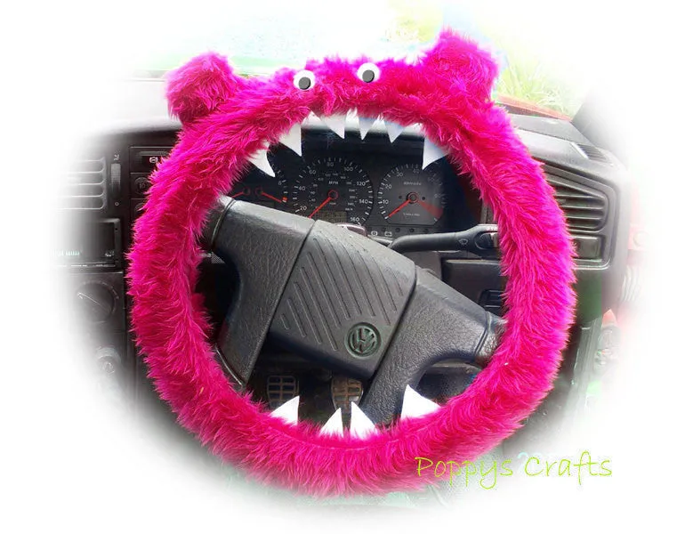 Fluffy Pink Monster Car Steering wheel cover & fuzzy faux fur pink seatbelt pad set