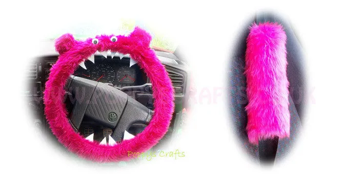 Fluffy Pink Monster Car Steering wheel cover & fuzzy faux fur pink seatbelt pad set