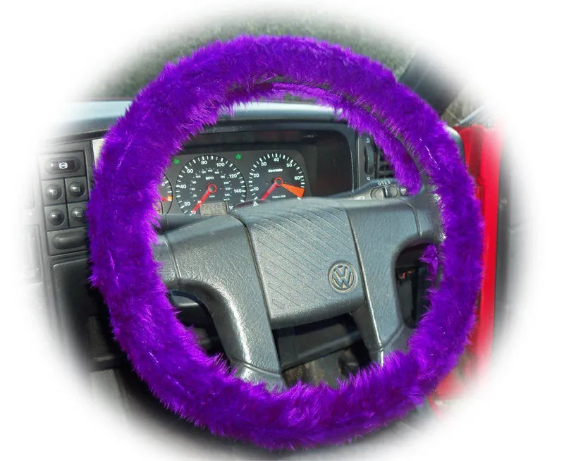 Fluffy Purple Car Steering wheel cover & matching fuzzy faux fur seatbelt pad set