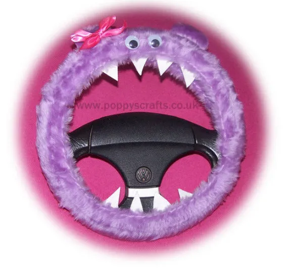 Fuzzy Faux fur Lilac Monster steering wheel cover with cute pink bow