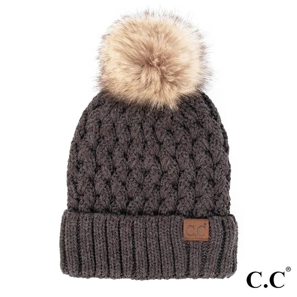 Fuzzy Lined Knit Faux Fur Pom Beanie.