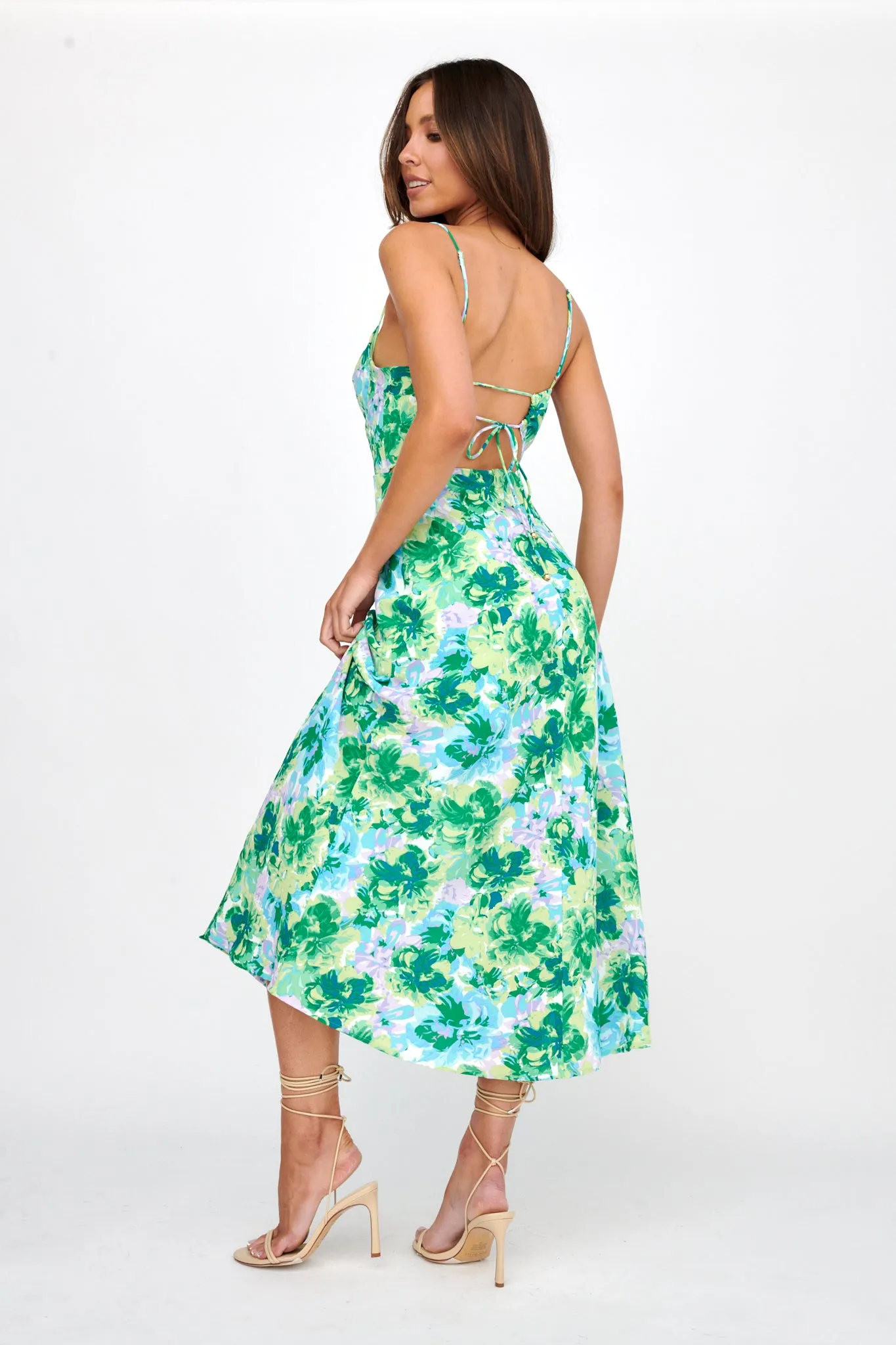 Galilea Tied Back Midi Dress Floral Green