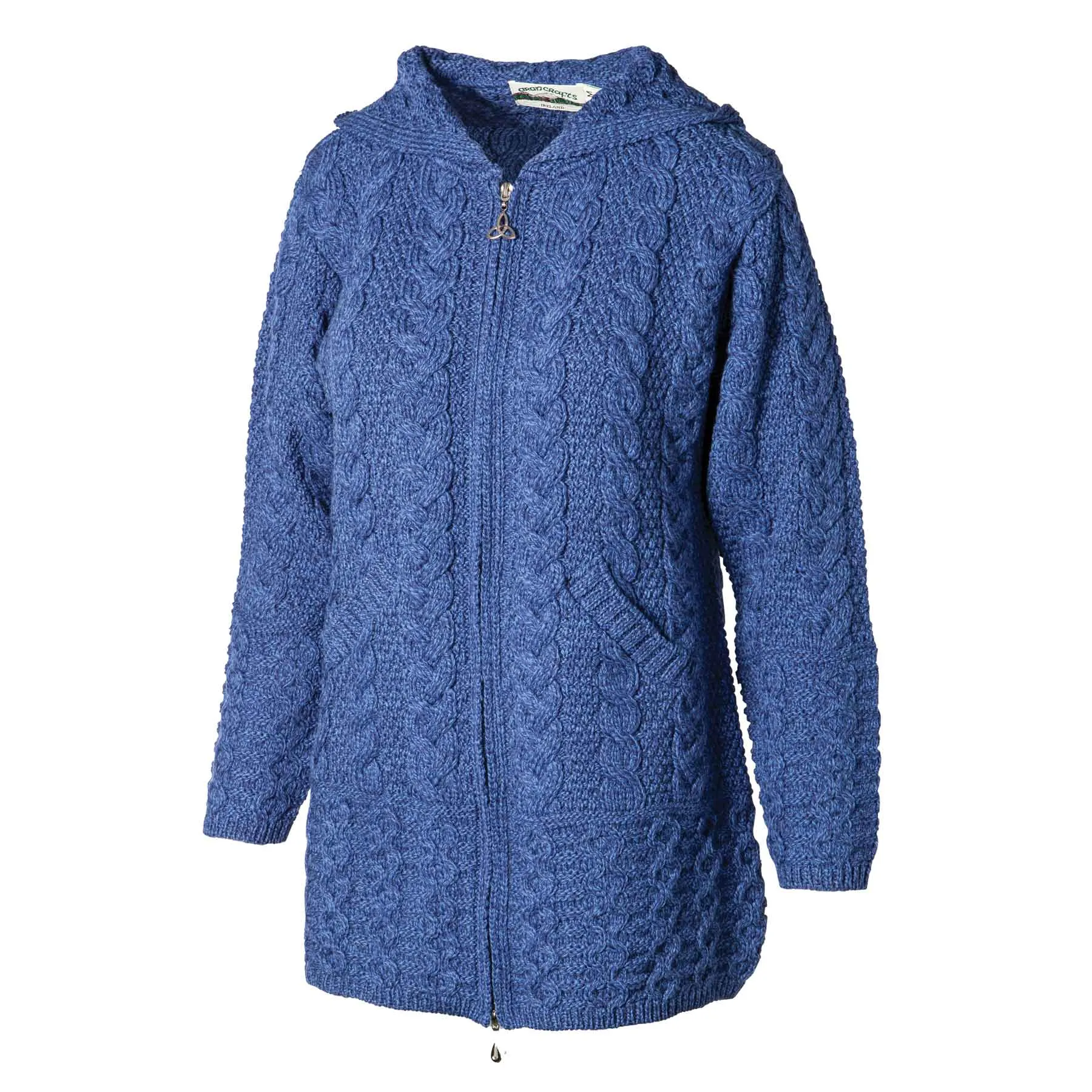 Galway Zip Up Hooded Aran Knit Jacket- Marl Blue