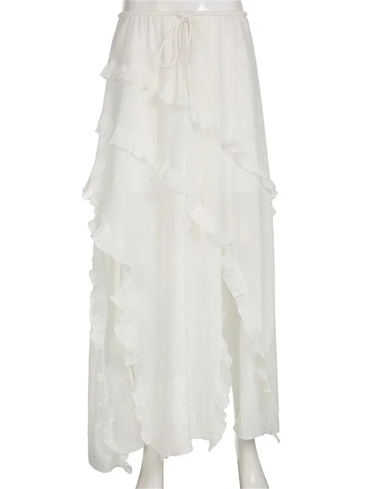 Girlary White Ruffled Patchwork Long Skirt See-Through For Women Split Summer Beach Holiday Maxi Skirt Women's Fashion Y2k Skirt