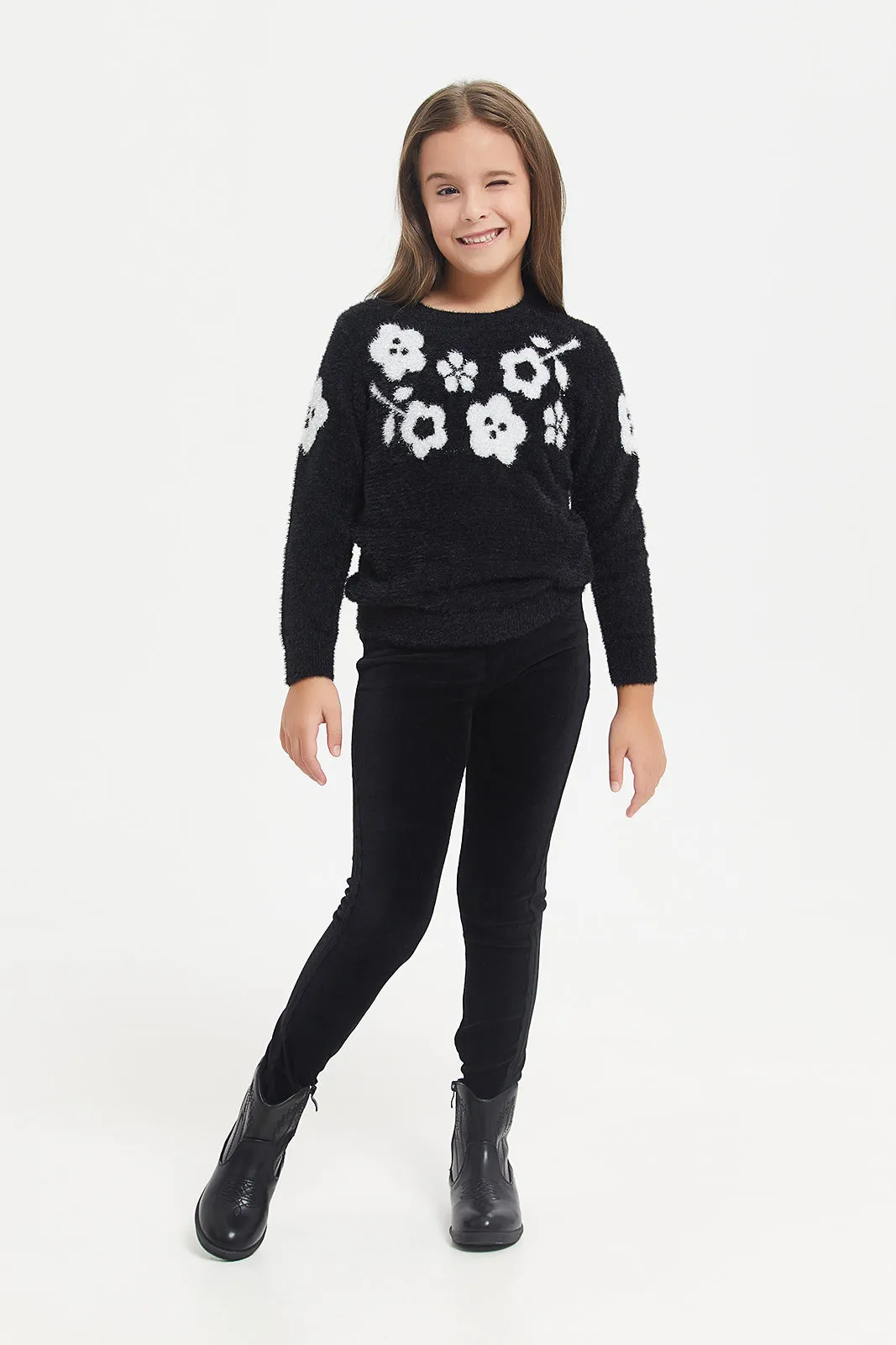 Girls Black Floral Print Pullover