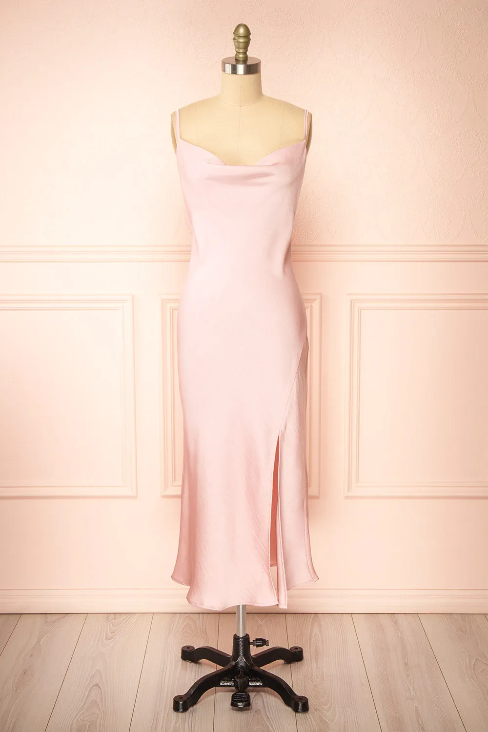 Gracie | Satin Pink Cowl Neck Midi Dress