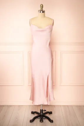 Gracie | Satin Pink Cowl Neck Midi Dress