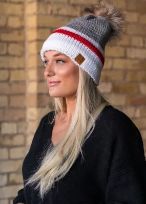 Gray White Red Striped Knit Fleece Lined Faux Fur Pom Women's Winter Beanie Hat