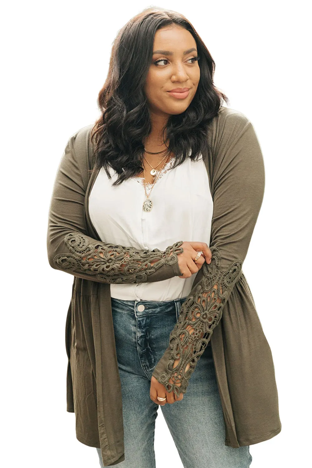 Green Crochet Plus Size Lace Sleeve Cardigan