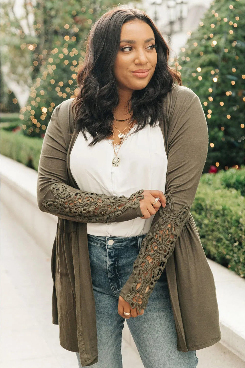 Green Crochet Plus Size Lace Sleeve Cardigan