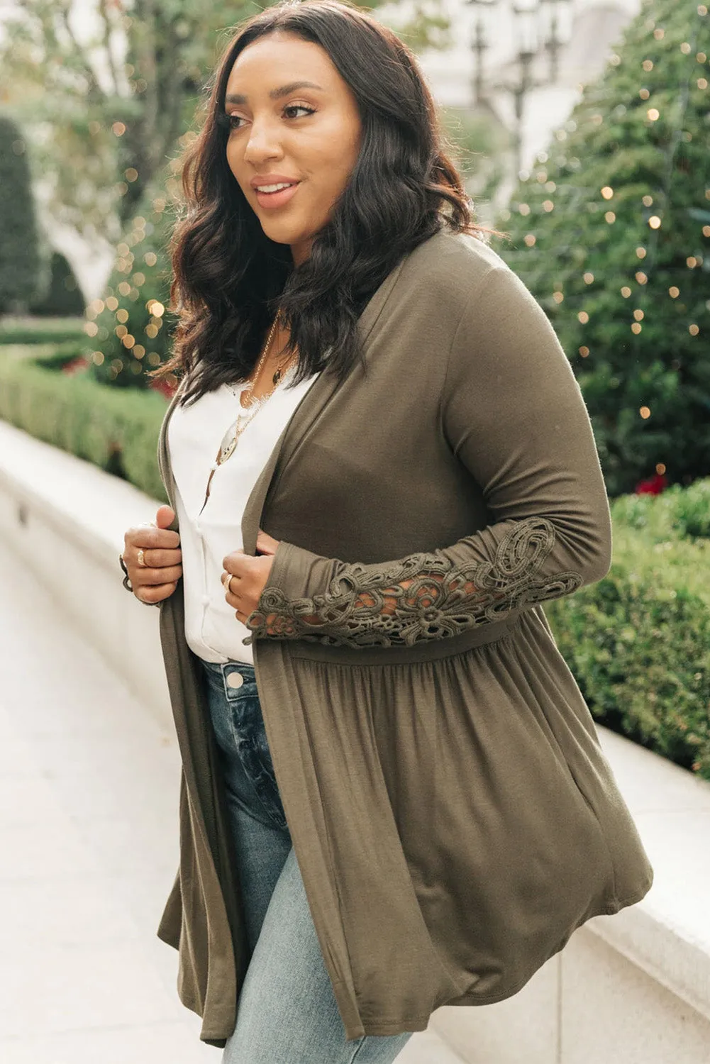 Green Crochet Plus Size Lace Sleeve Cardigan