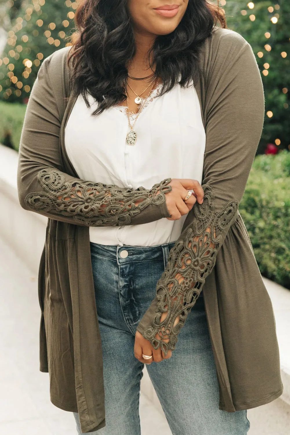 Green Crochet Plus Size Lace Sleeve Cardigan