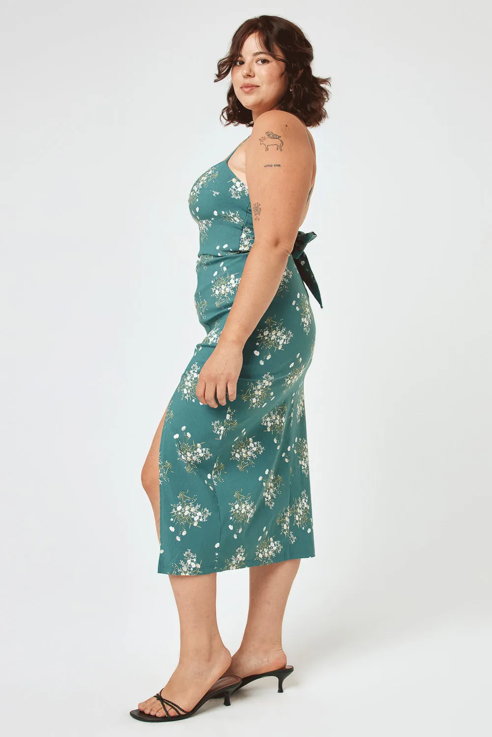 Green Floral Tie Back Skim Midi Dress