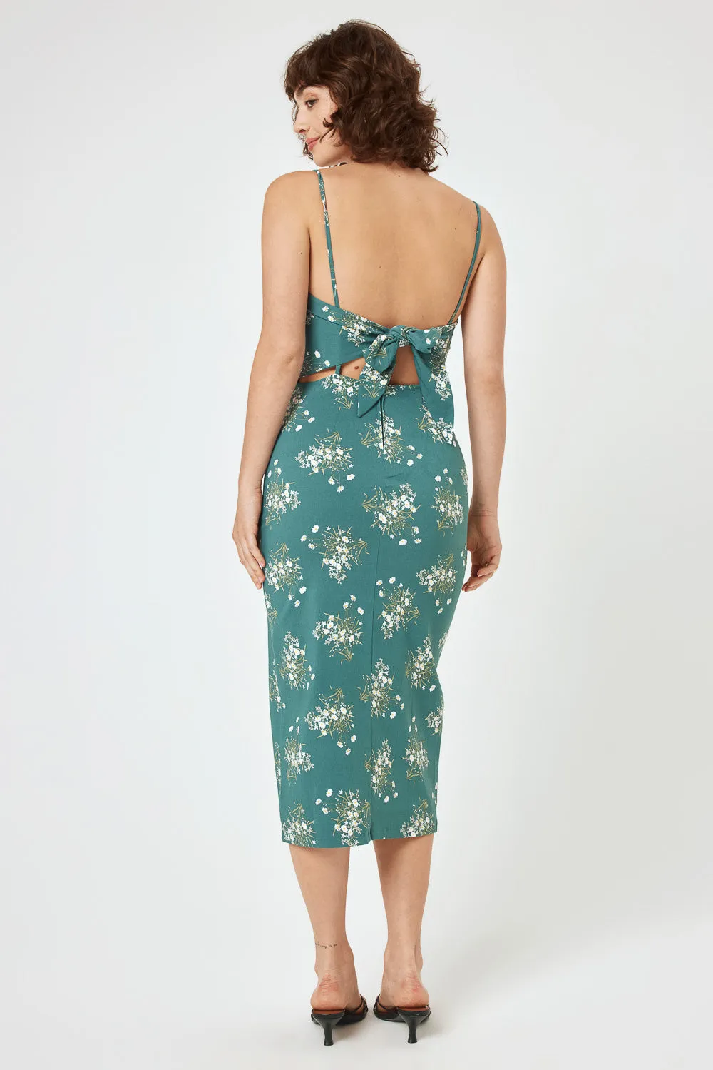 Green Floral Tie Back Skim Midi Dress