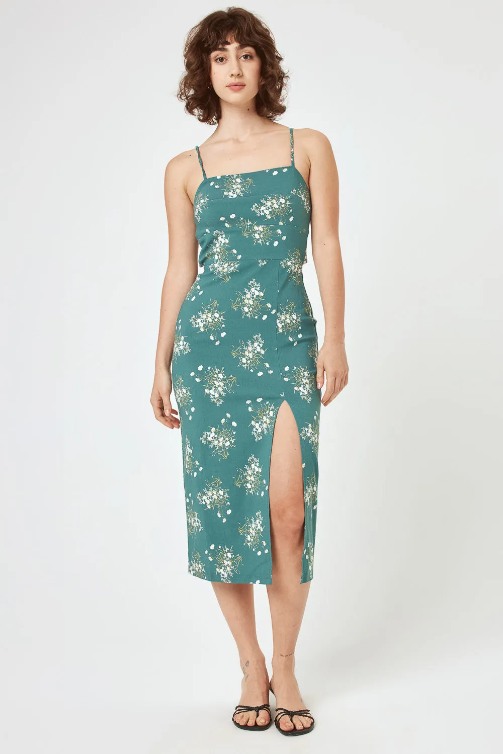 Green Floral Tie Back Skim Midi Dress