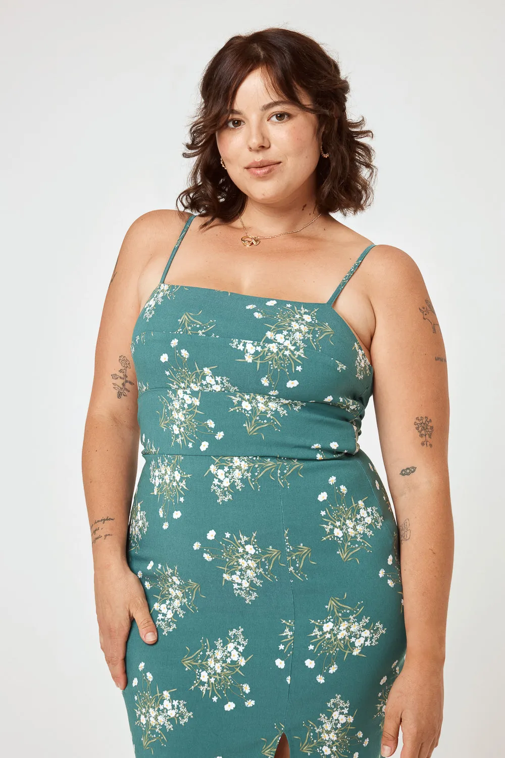 Green Floral Tie Back Skim Midi Dress