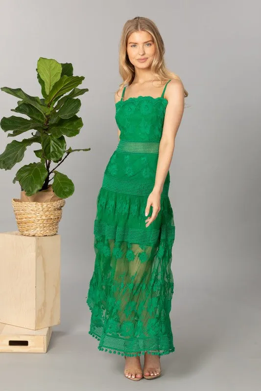 Green Spaghetti Strap Sleeveless Lace Long Slip