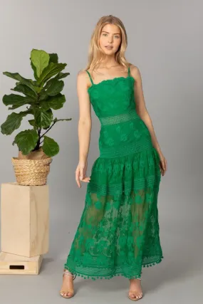 Green Spaghetti Strap Sleeveless Lace Long Slip