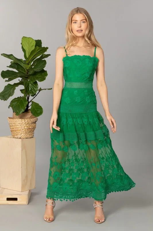 Green Spaghetti Strap Sleeveless Lace Long Slip