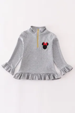 Grey character embroidery zip girl pullover