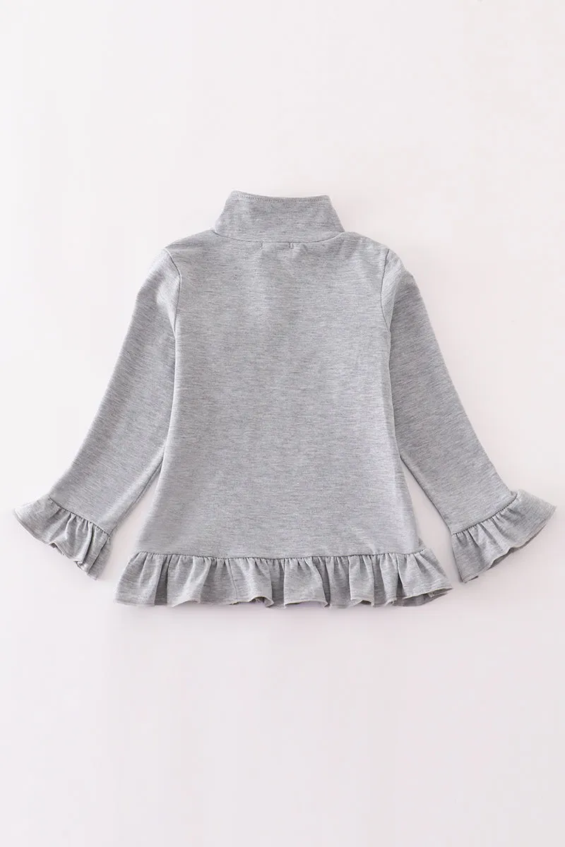 Grey character embroidery zip girl pullover