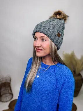 Grey Fuzzy Lined Knit C.C Beanie With Faux Fur Pom