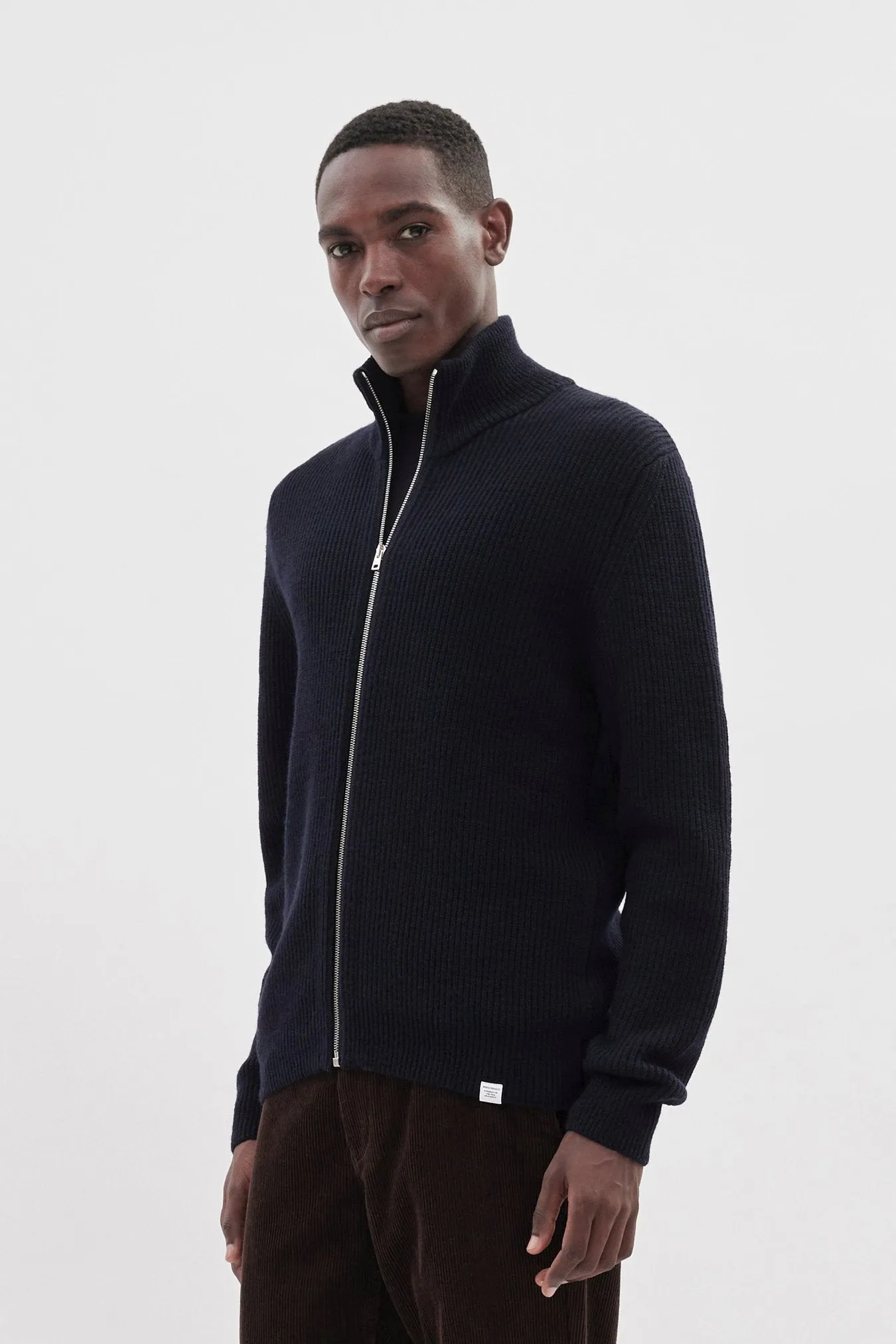 Hagen Wool Cotton Rib Full Zip Jacket - Dark Navy