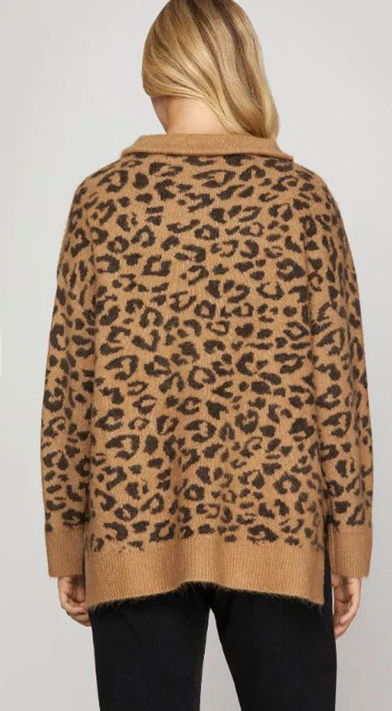 Half Zip Leopard Sweater in Camel by She   Sky