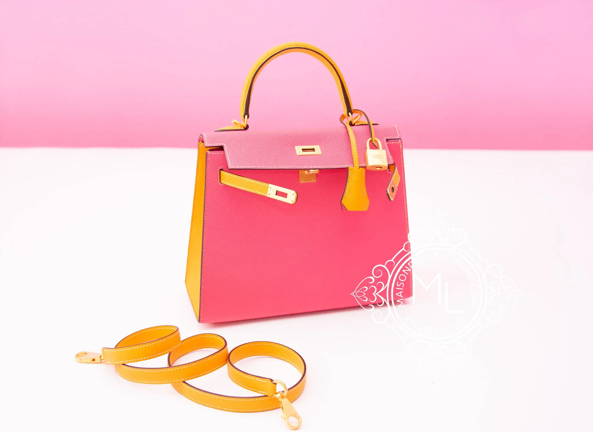 Hermes Rose Azalee   Jaune d'Or HSS Sellier Epsom Kelly 25 Handbag