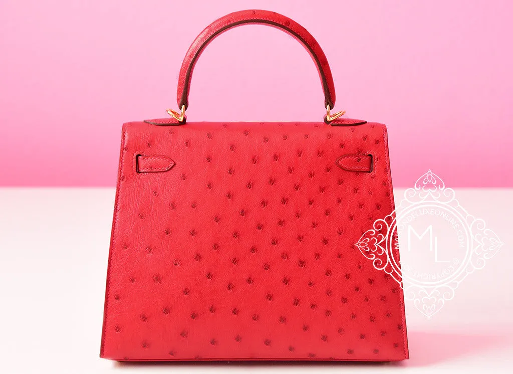 Hermes Rouge Vif GHW Ostrich Sellier Kelly 25 Handbag