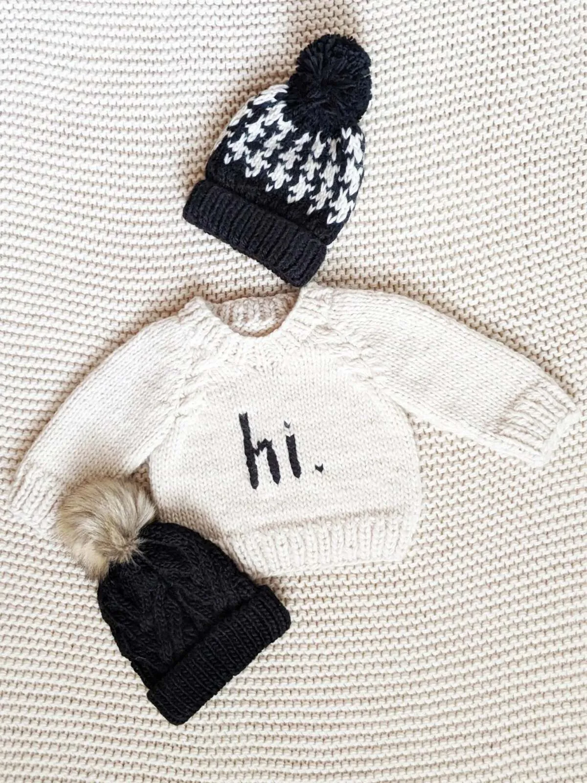 Hi. Crew Neck Garter Stitch Sweater, Black on Natural