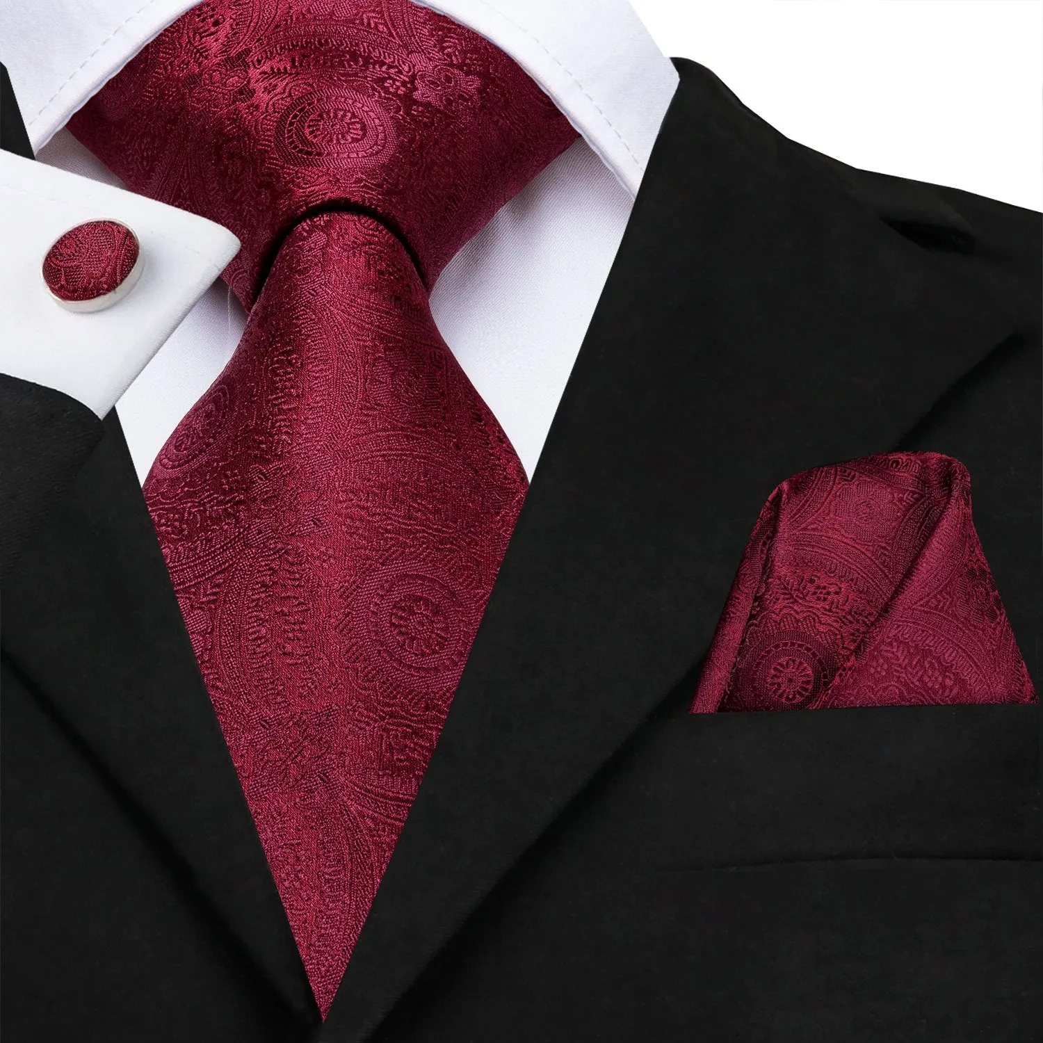 Hi-Tie Solid Wine Red Floral Necktie Pocket Square Cufflinks Set with Collar Pin