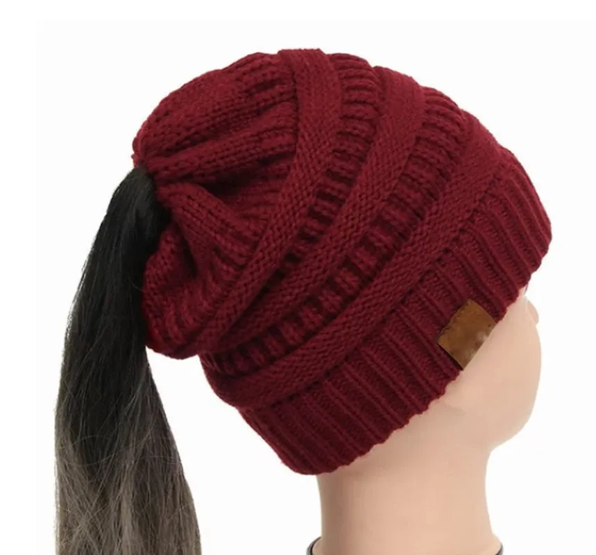 High Bun Ponytail Beanie Hat Chunky Soft Stretch Cable Knit Warm Fuzzy Lined Skull Beanie Acrylic Hats Men and Women