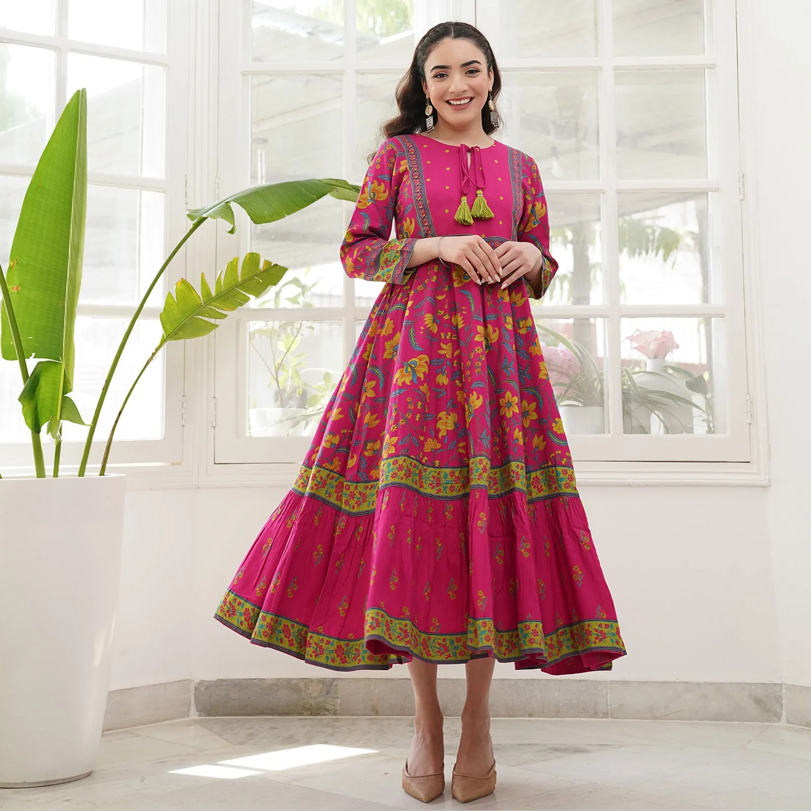 Hot Pink & Ochre Floral Dress with Hem Details