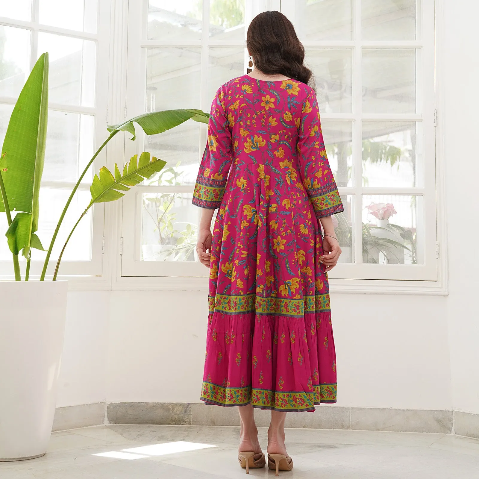 Hot Pink & Ochre Floral Dress with Hem Details