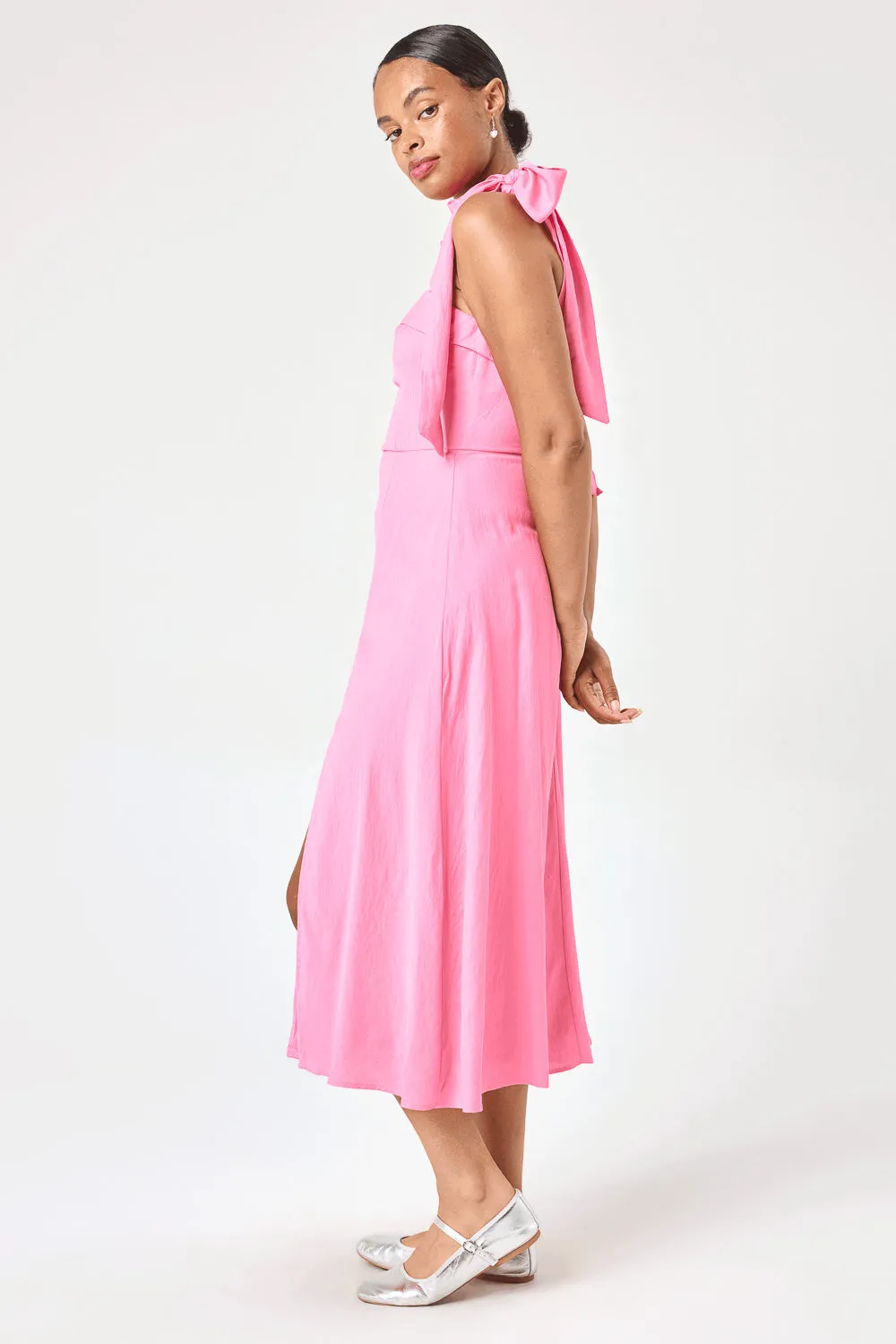 Hot Pink Tie Shoulder Midi Dress